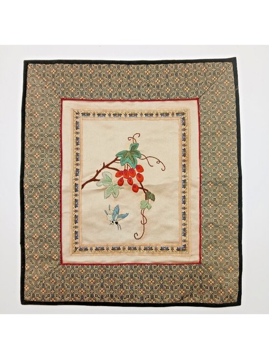 Other - Chinese Silk Embroidery Panel Butterfly Berries Textile 11.5x10